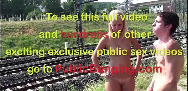  Facial cum on a cute blonde teen girl in public railroad threesome gang bang